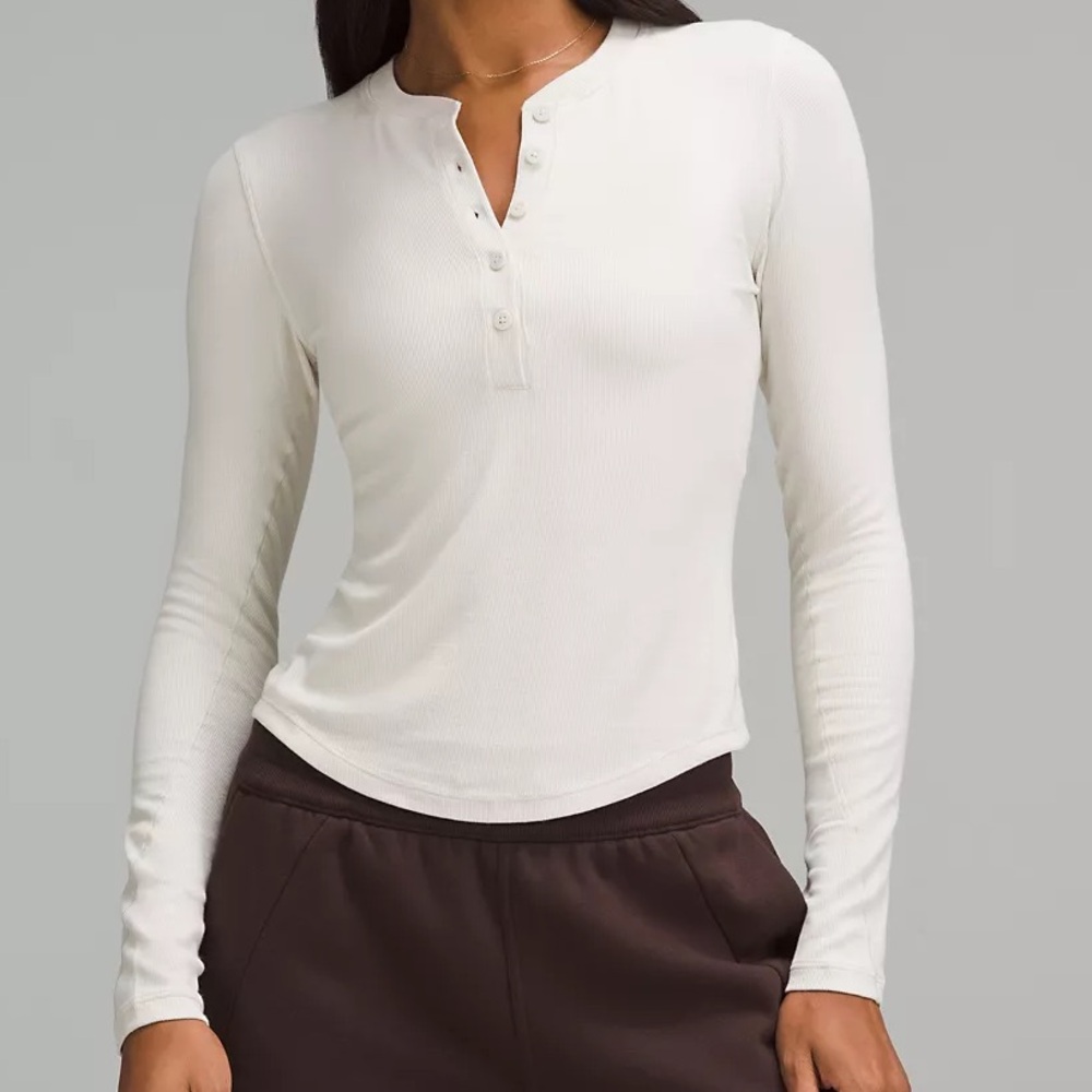 Women's Cream Ribbed Henley Long Sleeve Top